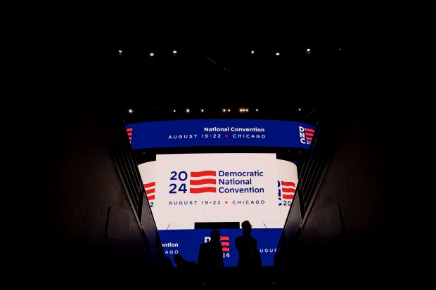 Signage is displayed during a walkthrough of the Democratic National Convention on Wednesday, May 22, 2024, at the United Center. (Brian Cassella/Chicago Tribune)