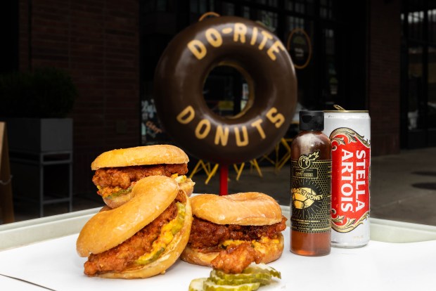 Do-Rite Donuts also has a "Hot Ones" collaboration - a fried chicken sandwich served on a donut bun with Honey Nugget Hot Sauce, pickles and pimento cheese.