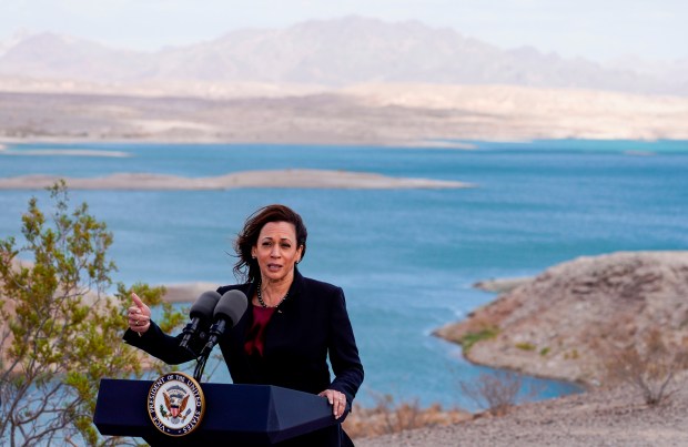 U.S. Vice President Kamala Harris delivers remarks during a tour of Lake Mead on Oct. 18, 2021 in Lake Mead, Nevada. The Southern Nevada Water Authority briefed the vice president on the ongoing drought in Lake Mead, which supplies more than 90% of water to the Las Vegas Valley. (Kent Nishimura/Los Angeles Times)