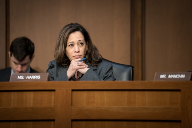 Then-Sen. Kamala Harris, D-Calif., during a Senate Intelligence Committee hearing on election security, on Capitol Hill in Washington, on March 21, 2018. In the Senate, Kamala Harris co-sponsored the Green New Deal. (Erin Schaff/The New York Times)