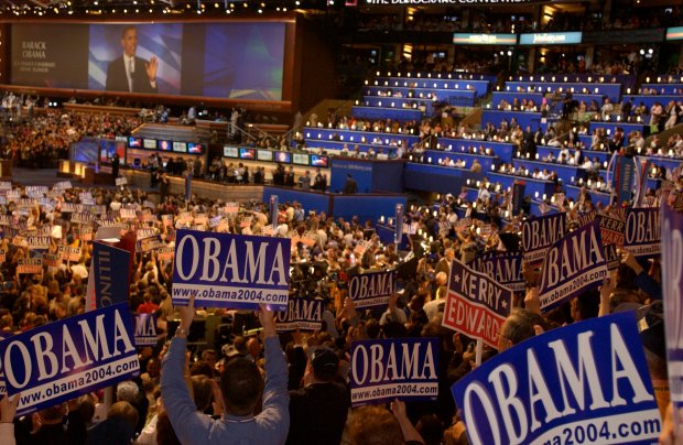 Barack Obama addresses the Democratic National Convention on July 27, 2004, at the Fleet Center in Boston. (Bill Hogan/Chicago Tribune)