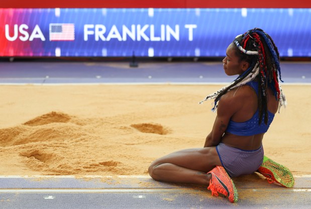 USA's Tori Franklin reacts after coming up short in her third attempt in the women's triple jump qualifier on Aug. 2, 2024, at Stade de France during the Paris Olympics. (Brian Cassella/Chicago Tribune)