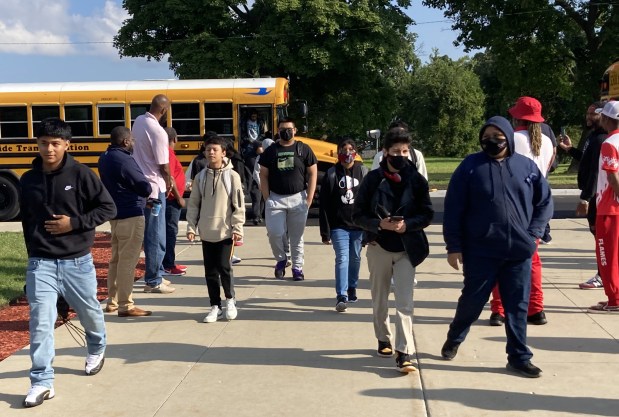 Students arrive for the first day of class at North Chicago Community High School. (Steve Sadin/For the Lake County News-Sun)