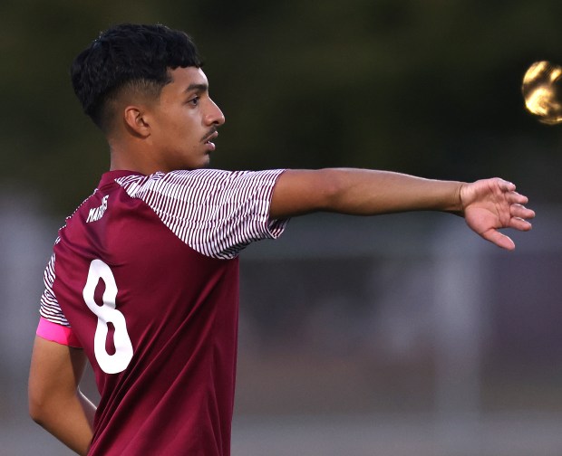 Elgin's Aaron Saldana (8) directs teammates during an Upstate Eight Conference crosstown match against Larkin on Thursday, Sept. 12 in Elgin. (H. Rick Bamman / The Beacon News)