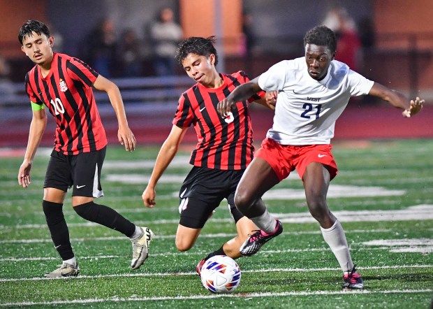 West Aurora's Sere Iranloye (21) and East Aurora's Diego Gutierrez tangle for the ball as East's Asbel Vazquez (10) watches during a game on Tuesday, Sept. 24, 2024 in Aurora...(Jon Cunningham/for The Beacon-News)