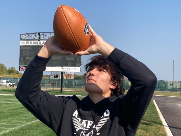 Dylan Sanagustin, who is taking on a bigger leadership role this season, makes a catch before the start of Kaneland's practice in Maple Park on Tuesday, Sept. 17, 2024. (Rick Armstrong / The Beacon-News)