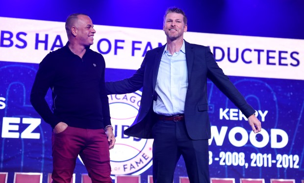 2024 Cubs Hall of Fame honorees Aramis Ramirez, left, and Kerry Wood take the stage during the opening ceremony of the Cubs Convention on Jan. 12, 2024, at the Sheraton Grand Chicago.