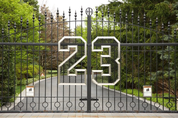 The entrance gate to Michael Jordan's estate in Highland Park Friday, April 29, 2016. (Chris Walker/Chicago Tribune)