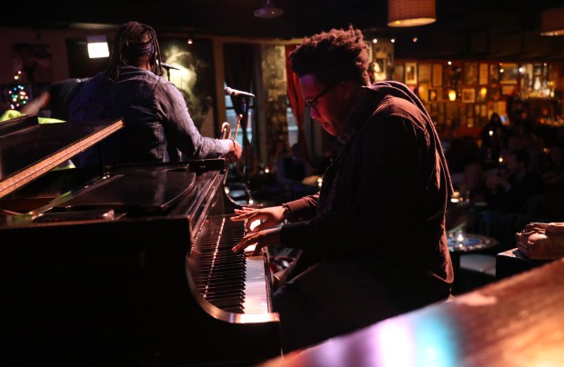 Pianist Jahari Stampley performs at Jazz Showcase in Chicago on Dec. 2, 2021. He's an Englewood Jazz Fest headliner and performs at Guarneri Hall in the months ahead. (Chris Sweda/Chicago Tribune)