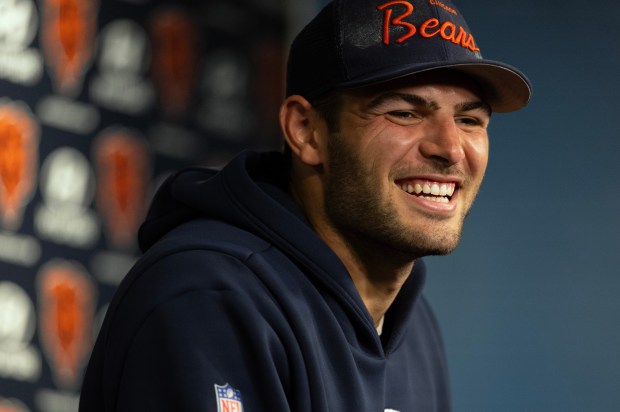 Bears tight end Cole Kmet speaks with the media following the first day of minicamp at Halas Hall on June 4, 2024. (Stacey Wescott/Chicago Tribune)