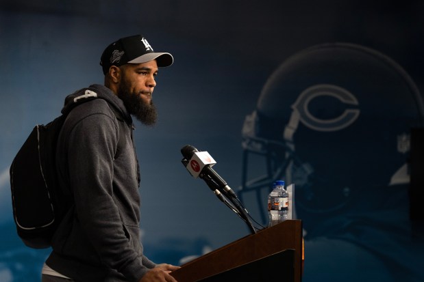 Bears wide receiver Keenan Allen speaks with the media following the first day of minicamp at Halas Hall on June 4, 2024, in Lake Forest. (Stacey Wescott/Chicago Tribune)