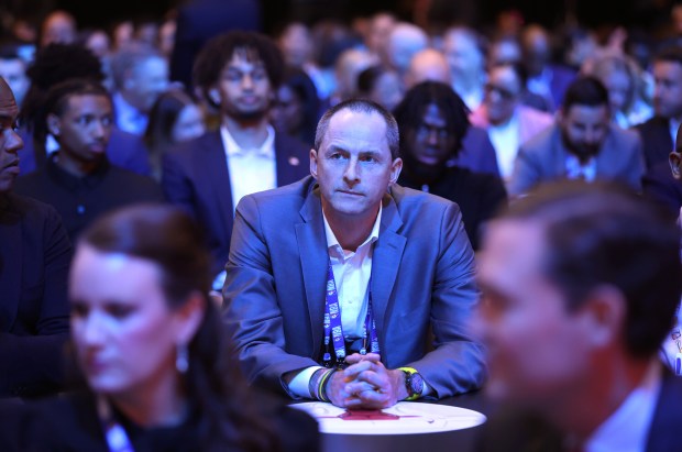 With some of the top prospects seated behind him, Bulls executive Vice President of basketball operations Arturas Karnišovas waits for the start of the NBA draft lottery at McCormick Place on May 16, 2023. (Chris Sweda/Chicago Tribune)