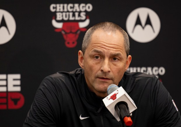 Bulls executive vice president of basketball operations Artūras Karnišovas speaks at a news conference on Sept. 30, 2024, during media day at the Advocate Center. (Brian Cassella/Chicago Tribune)