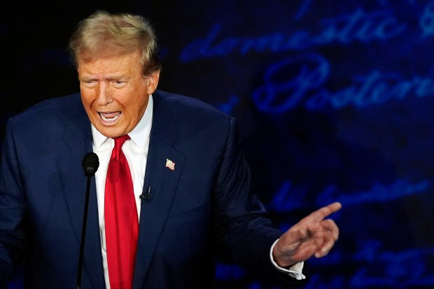 Republican presidential nominee former President Donald Trump speaks during a presidential debate with Democratic presidential nominee Vice President Kamala Harris at the National Constitution Center in Philadelphia on Sept. 10, 2024. (Alex Brandon/AP)