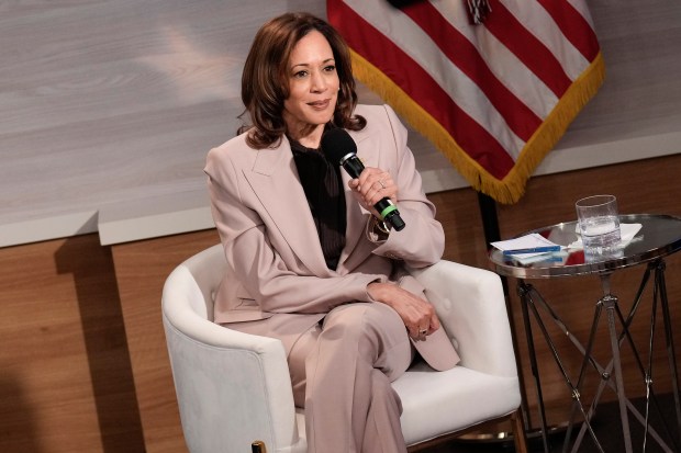 Democratic presidential nominee Vice President Kamala Harris is interviewed by members of the National Association of Black Journalists at the WHYY studio in Philadelphia, Tuesday, Sept. 17, 2024. (AP Photo/Jacquelyn Martin)