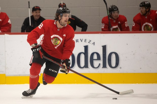 Nolan Allan practices with teammates during the Blackhawks prospect development camp at Fifth Third Arena on July 14, 2022. (Erin Hooley/Chicago Tribune)