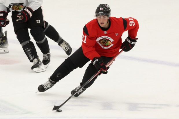 Chicago Blackhawks prospect Frank Nazar skates the puck up the ice during the first day of training camp at Fifth Third Arena on Thursday, Sept. 19, 2024. (Eileen T. Meslar/Chicago Tribune)