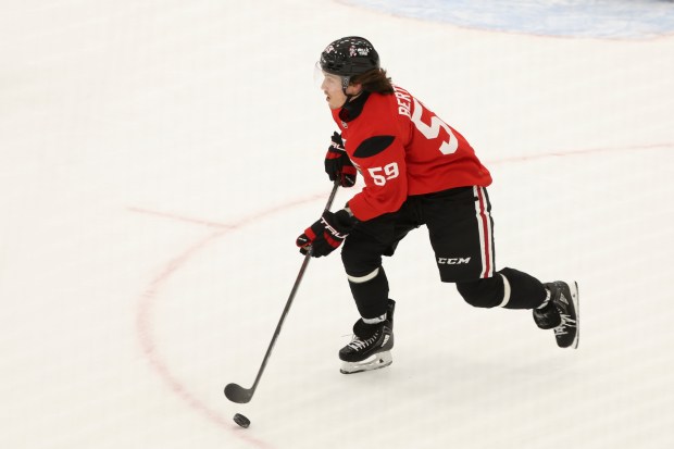 Chicago Blackhawks forward Tyler Bertuzzi skates the puck up the ice during the first day of training camp at Fifth Third Arena on Thursday, Sept. 19, 2024. (Eileen T. Meslar/Chicago Tribune)