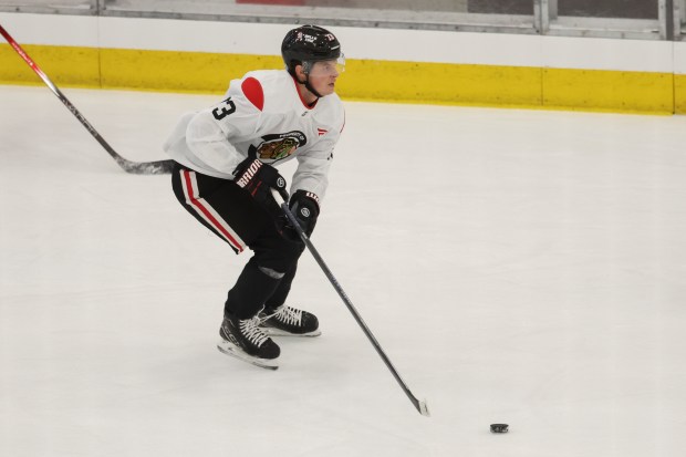 Chicago Blackhawks forward Lukas Reichel skates the puck up the ice during the first day of training camp at Fifth Third Arena on Thursday, Sept. 19, 2024. (Eileen T. Meslar/Chicago Tribune)