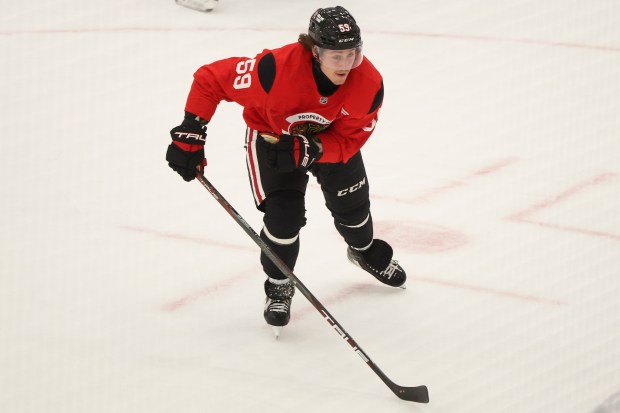 Chicago Blackhawks forward Tyler Bertuzzi skates up the ice during the first day of training camp at Fifth Third Arena on Thursday, Sept. 19, 2024. (Eileen T. Meslar/Chicago Tribune)