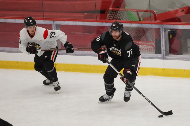 Chicago Blackhawks defenseman TJ Brodie (78) skates with the puck during the first day of training camp at Fifth Third Arena on Thursday, Sept. 19, 2024. (Eileen T. Meslar/Chicago Tribune)