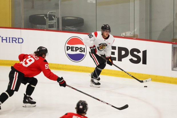 Chicago Blackhawks forward Teuvo Teravainen (86) looks to make a play during the first day of training camp at Fifth Third Arena on Thursday, Sept. 19, 2024. (Eileen T. Meslar/Chicago Tribune)