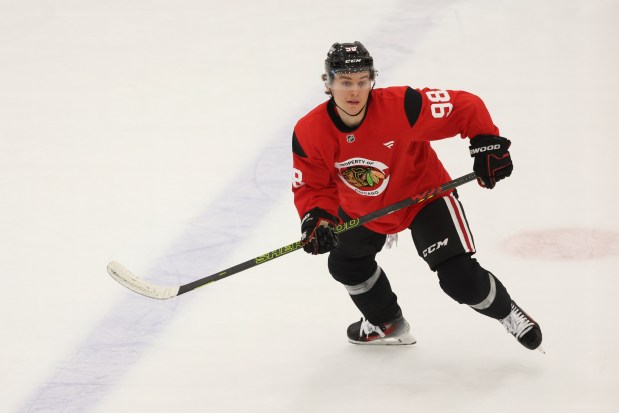 Chicago Blackhawks forward Connor Bedard skates up the ice during the first day of training camp at Fifth Third Arena on Thursday, Sept. 19, 2024. (Eileen T. Meslar/Chicago Tribune)