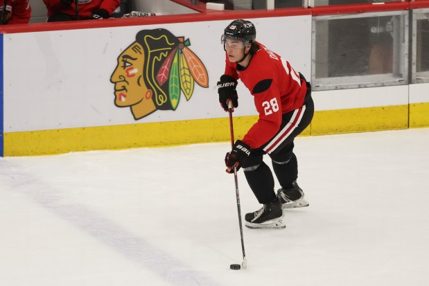 Chicago Blackhawks prospect Colton Dach skates up the ice during the first day of training camp at Fifth Third Arena on Thursday, Sept. 19, 2024. (Eileen T. Meslar/Chicago Tribune)