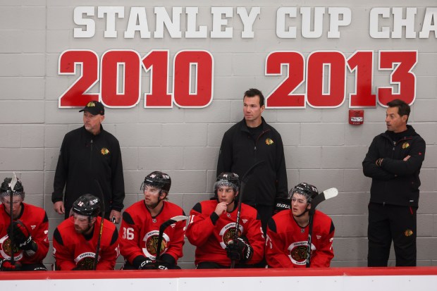 Chicago Blackhawks Head Coach Luke Richardson watches a scrimmage during the first day of training camp at Fifth Third Arena on Thursday, Sept. 19, 2024. (Eileen T. Meslar/Chicago Tribune)