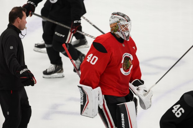 Chicago Blackhawks goalie Arvid Soderblom skates on the ice during the first day of training camp at Fifth Third Arena on Thursday, Sept. 19, 2024. (Eileen T. Meslar/Chicago Tribune)