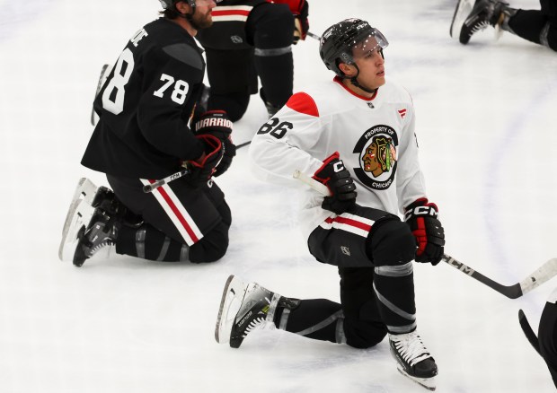 Chicago Blackhawks forward Teuvo Teravainen stretches during the first day of training camp at Fifth Third Arena on Thursday, Sept. 19, 2024. (Eileen T. Meslar/Chicago Tribune)