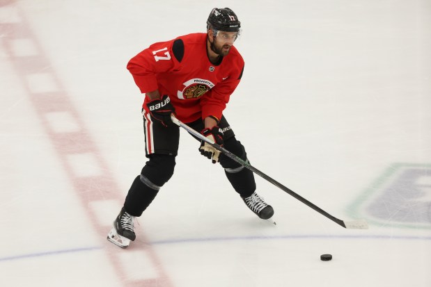 Chicago Blackhawks forward Nick Foligno skates with the puck during the first day of training camp at Fifth Third Arena on Thursday, Sept. 19, 2024. (Eileen T. Meslar/Chicago Tribune)