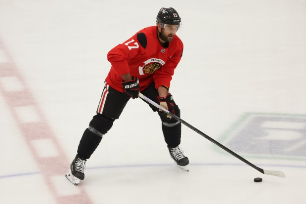 Chicago Blackhawks forward Nick Foligno skates with the puck during the first day of training camp at Fifth Third Arena on Thursday, Sept. 19, 2024. (Eileen T. Meslar/Chicago Tribune)