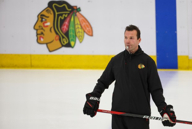 Chicago Blackhawks Head Coach Luke Richardson runs a drill during the first day of training camp at Fifth Third Arena on Thursday, Sept. 19, 2024. (Eileen T. Meslar/Chicago Tribune)