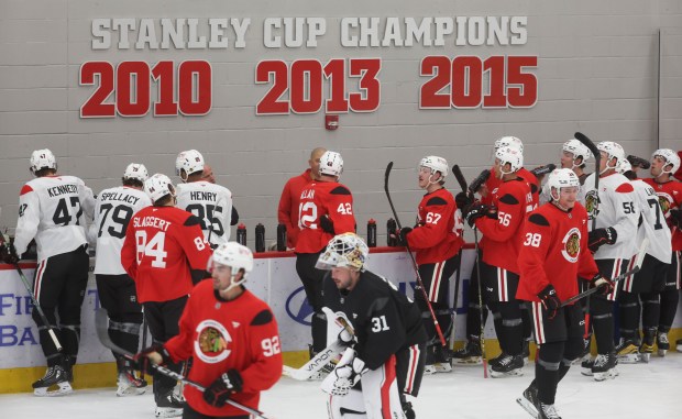 Blackhawks prospects practice Wednesday, Sept. 11, 2024, at Fifth Third Arena. (Brian Cassella/Chicago Tribune)