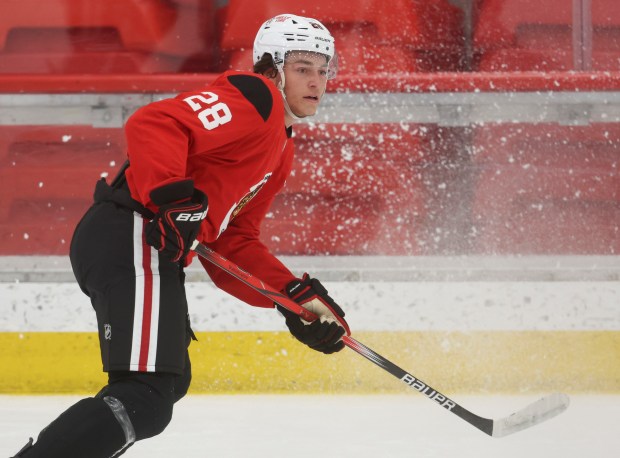 Blackhawks center Colton Dach practices on Sept. 11, 2024, at Fifth Third Arena. (Brian Cassella/Chicago Tribune)