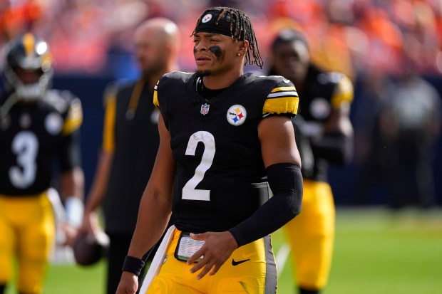 Steelers quarterback Justin Fields in the second half against the Broncos on Sept. 15, 2024, in Denver .(AP Photo/David Zalubowski)