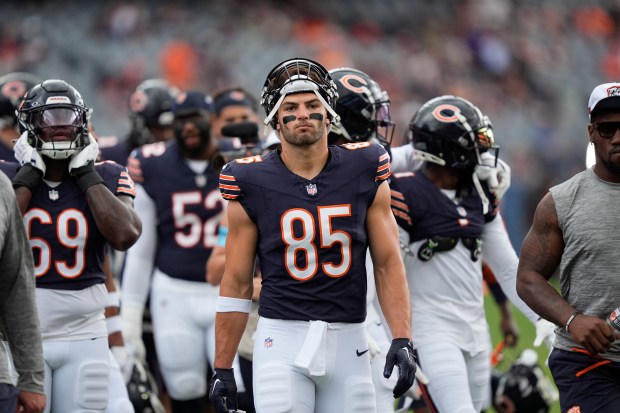 Bears tight end Cole Kmet walks to the bench during a preseason game against the Bengals on Aug. 17, 2024, at Soldier Field. (AP Photo/Charles Rex Arbogast)