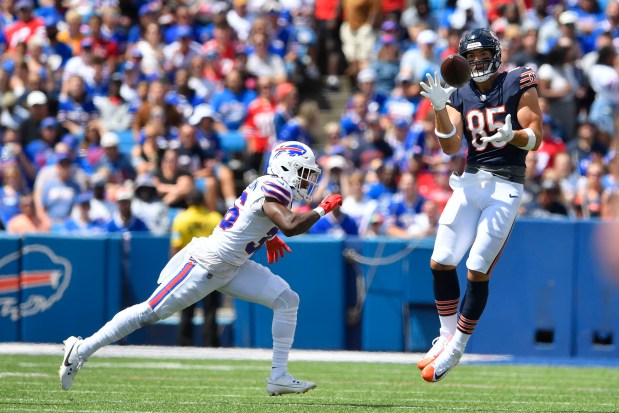 Bears tight end Cole Kmet makes a catch during the first half of a preseason game against the Bills on Aug. 10, 2024, in Orchard Park, NY. (AP Photo/Adrian Kraus)