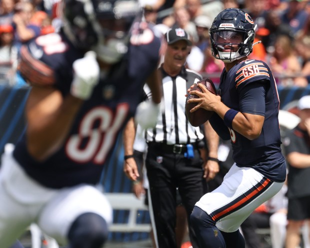 Bears quarterback Caleb Williams looks to throw in the second quarter against the Bengals in a preseason game at Soldier Field on Aug. 17, 2024, in Chicago. (John J. Kim/Chicago Tribune)