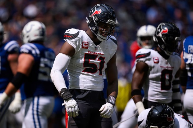 Texans defensive end Will Anderson Jr. celebrates during a game against the Colts on Sunday, Sept. 8, 2024, in Indianapolis. (AP Photo/Zach Bolinger)