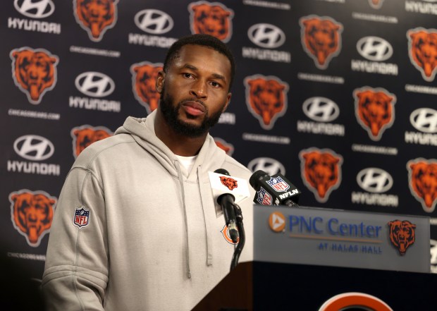 Bears safety Kevin Byard speaks with the media after a joint training camp practice with the Bengals on Aug. 15, 2024, in Lake Forest. (Stacey Wescott/Chicago Tribune)