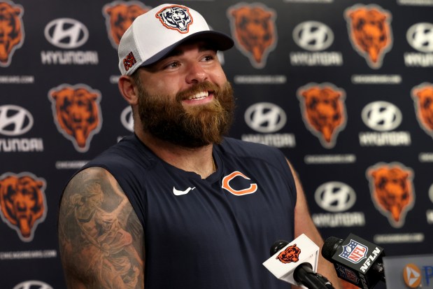 Bears offensive linesman Ryan Bates speaks with the media following practice in the PNC Center at Halas Hall on July 26, 2024. (Stacey Wescott/Chicago Tribune)