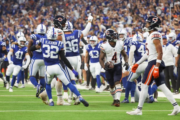 Chicago Bears running back D'Andre Swift (4) gets up after being tackled on fourth down during the second quarter of the game against the Indianapolis Colts at Lucas Oil Stadium in Indianapolis on Sunday, Sept. 22, 2024.(Eileen T. Meslar/Chicago Tribune)