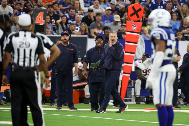 Bears coach Matt Eberflus yells to the referee during the third quarter of the game against the Colts at Lucas Oil Stadium in Indianapolis on Sept. 22, 2024.(Eileen T. Meslar/Chicago Tribune)