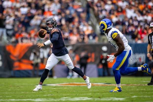 Chicago Bears quarterback Caleb Williams (18) prepares to throw the ball in a game against the Los Angeles Rams at Soldier Field on Sept. 29, 2024. The Bears won 24-18 against the Rams. (Tess Crowley/Chicago Tribune)