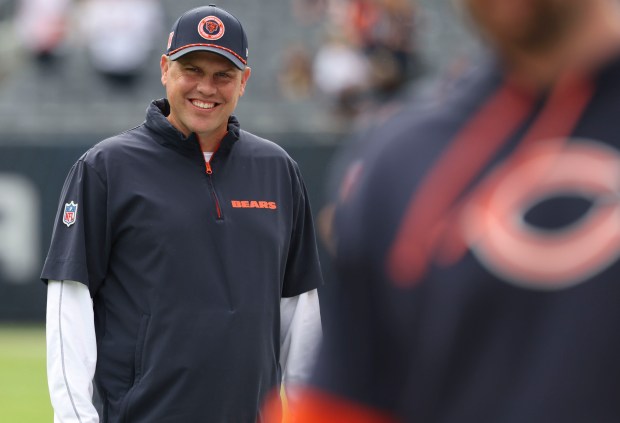 Chicago Bears offensive coordinator Shane Waldron prepares for the game against the Los Angeles Rams on Sunday, Sept. 29, 2024, at Soldier Field. (Brian Cassella/Chicago Tribune)