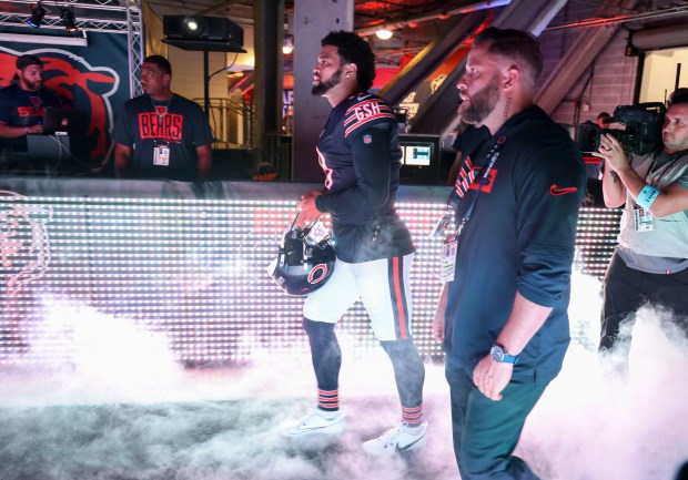 Bears quarterback Caleb Williams takes the field to face the Rams on Sept. 29, 2024, at Soldier Field. (Brian Cassella/Chicago Tribune)