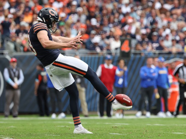 Bears punter Tory Taylor in action against the Rams in the first quarter on Sept. 29, 2024, at Soldier Field. (Brian Cassella/Chicago Tribune)