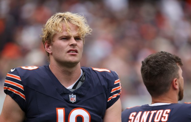 Bears punter Tory Taylor on the sideline against the Rams on Sept. 29, 2024, at Soldier Field. (Brian Cassella/Chicago Tribune)